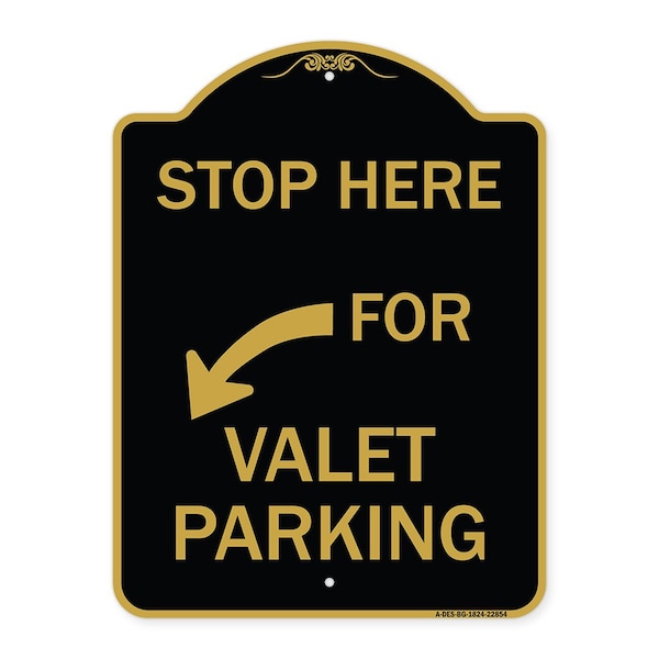 Stop Here for Valet Parking Left Arrow, Black & Gold Aluminum Sign, 18" x 24", BG-1824-22854
